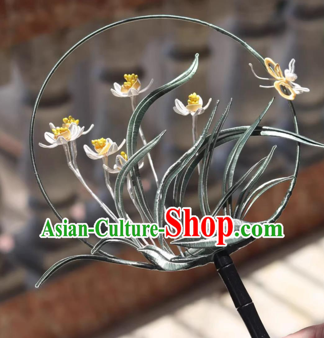 Handmade Palace Fan Traditional Classical Embroidered Orchids Round Fan Chinese Hanfu Photography Prop Handmade Palace Fan Traditional Classical Embroidered Orchids Round Fan Chinese Hanfu Photography Prop
