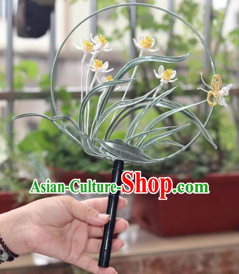 Handmade Palace Fan Traditional Classical Embroidered Orchids Round Fan Chinese Hanfu Photography Prop Handmade Palace Fan Traditional Classical Embroidered Orchids Round Fan Chinese Hanfu Photography Prop