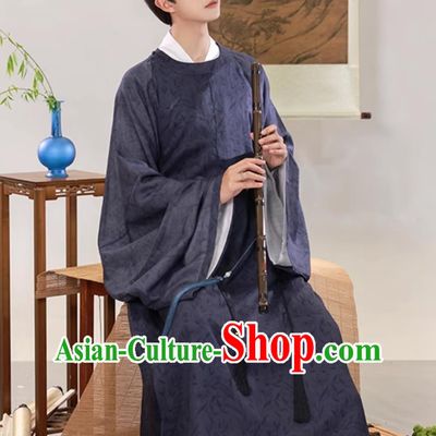 Chinese Song Dynasty Scholar Dark Blue Ramie Long Robe Ancient China Young Childe Clothing Traditional Male Hanfu