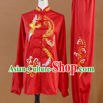 Top Phoenix Embroidery Tai Chi Red Uniform Taiji Chuan Training Suit Kung Fu Costume Martial Arts Clothing
