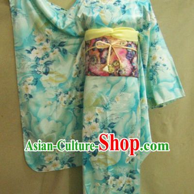 Japan Women Formal Attire Traditional Blue Furisode Kimono Japanese National Clothing