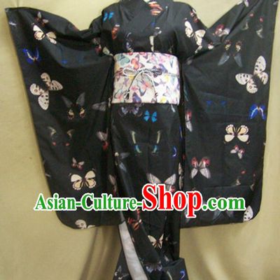 Japan Women Formal Costume Traditional Black Furisode Kimono Cosplay Japanese National Clothing