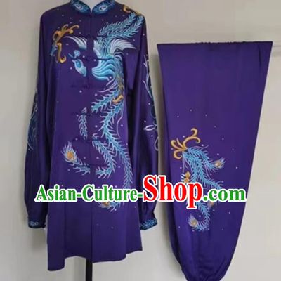 China Tai Chi Tournament Suit Female Tai Ji Training Clothing Martial Arts Embroidered Phoenix Purple Uniform
