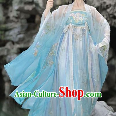 Traditional Blue Hanfu Ruqun Chinese Tang Dynasty Princess Dress Ancient China Young Woman Clothing
