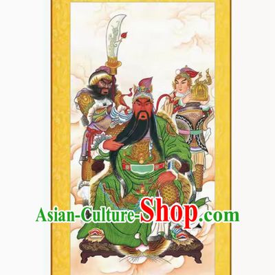 China Guan Gong Xian Sheng Painting Guan Sheng God Painting Silk Scroll Guan Ping Zhou Cang Figure Painting
