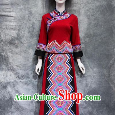 Chinese Tujia Ethnic Clothing National Minority Wedding Costume China Stage Performance Red Outfit