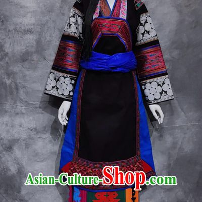 China Stage Performance Black Outfit Chinese Bouyei Ethnic Clothing Buyi National Minority Wedding Costume