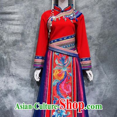 Chinese March 3rd Stage Show Costume She Ethnic Woman Clothing China National Minority Wedding Red Shirt and Skirt