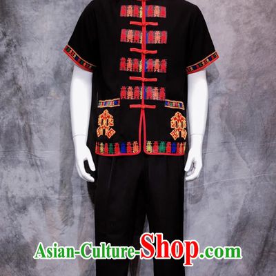 Chinese Hainan Dance Performance Costume China Li Ethnic Male Clothing National Minority Shirt and Pants Complete Set