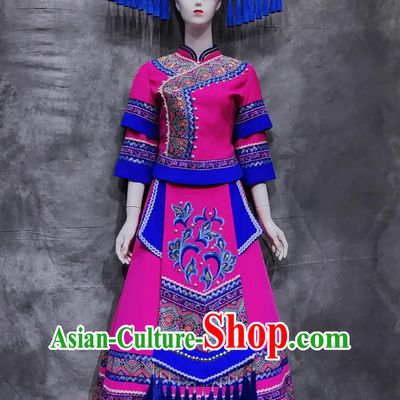 Chinese Guangxi March 3rd Woman Solo Costume Zhuang Ethnic Festival Clothing China National Minority Rosy Dress