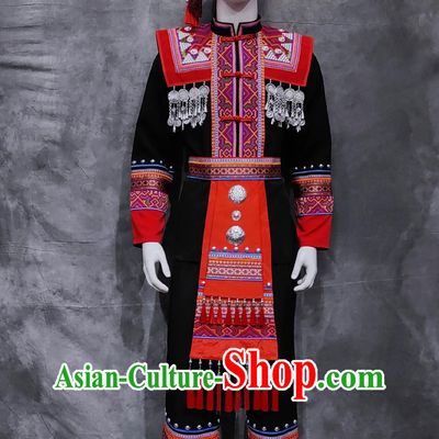 Chinese Guangxi National Minority Male Black Outfit Traditional March 3rd Festival Costume China Zhuang Ethnic Folk Dance Clothing