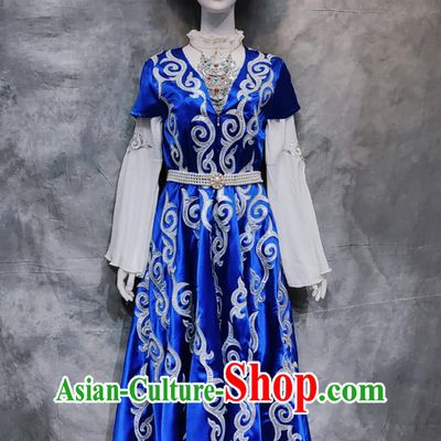 China Xinjiang Kyrgyz Folk Dance Costume Chinese Ethnic Woman Festival Clothing Kirgiz National Minority Stage Performance Blue Dress