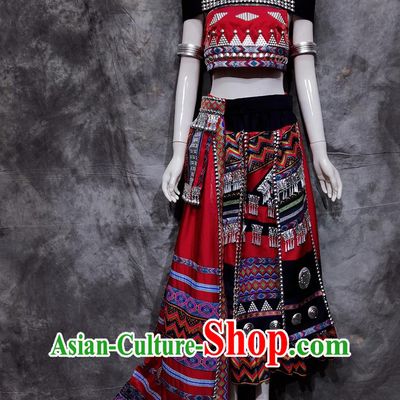 China Wa National Minority Stage Performance Red Dress Yunnan Folk Dance Costume Chinese Va Ethnic Woman Festival Clothing