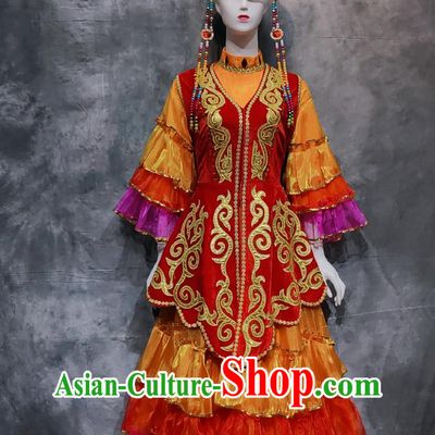 Chinese Kazak National Minority Stage Performance Dress Xinjiang Folk Dance Costume China Kazakh Ethnic Woman Clothing