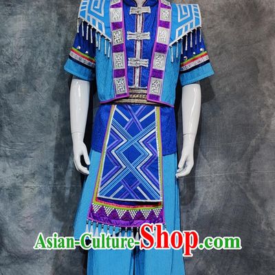 Chinese Kelao National Minority Stage Performance Blue Outfit China Guangxi Folk Dance Costume Gelo Ethnic Male Festival Clothing