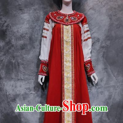 Chinese Russian Ethnic Woman Festival Clothing Xinjiang National Minority Stage Performance Red Dress China Traditional Dance Costume