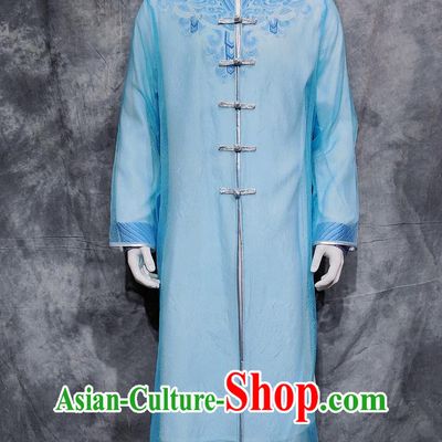 China Jing National Minority Male Blue Outfit Traditional String Instrument Performance Costume Chinese Ethnic Festival Clothing