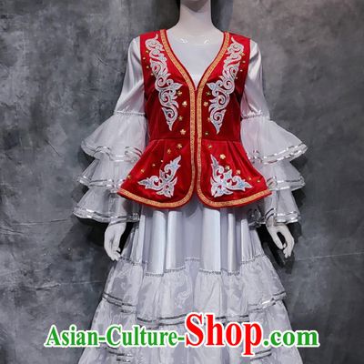 China Xinjiang Folk Dance Costume Kazakh Ethnic Woman Clothing Chinese Kazak National Minority Stage Performance Red Vest and Dress