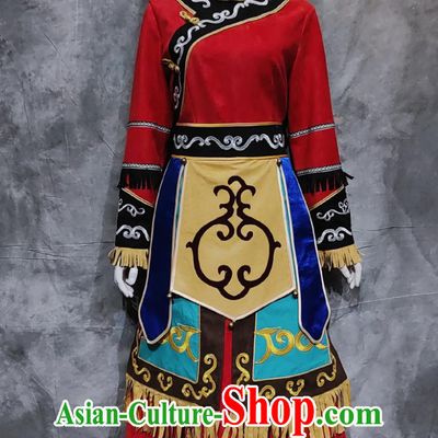 Chinese Hezhe National Minority Stage Performance Dress Heilongjiang Province Folk Dance Costume China Hezhen Ethnic Woman Clothing