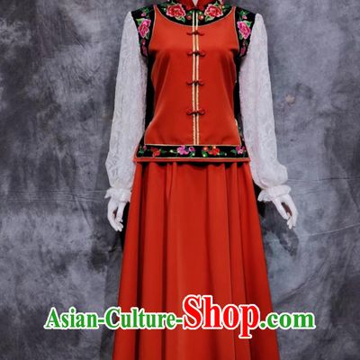 Traditional Chinese Xibe Ethnic Festival Costume China Sibo National Minority Woman Clothing Xinjiang Belem Dance Red Dress