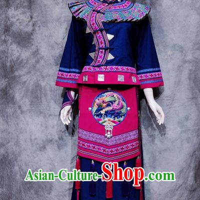Traditional Chinese Ethnic Dance Costume China Maonan National Minority Woman Clothing Guangxi Travel March 3rd Festival Dark Blue Outfit