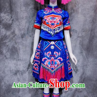 Traditional Guangxi Travel Embroidered Blue Dress Chinese Ethnic Dance Costume China Zhuang National Minority Woman Festival Clothing