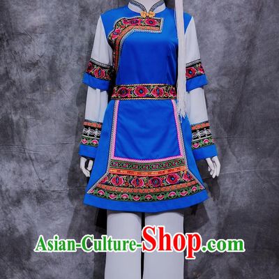 Traditional Yunnan Travel Blue Outfit Chinese Ethnic Dance Costume China Bai National Minority Woman Clothing