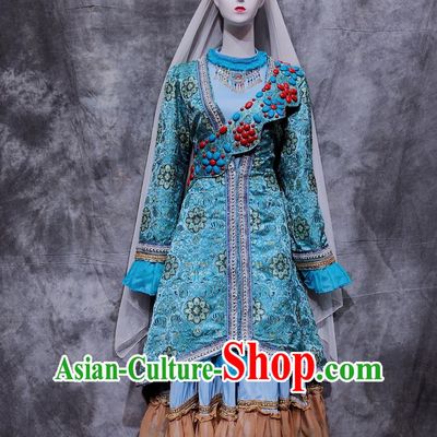 Traditional Xinjiang Corban Festival Attire Chinese Ethnic Dance Blue Dress Costume China Tatar National Minority Woman Clothing