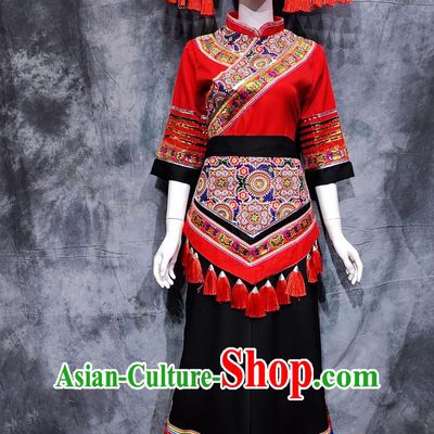 Chinese Ethnic Dance Costume China Zhuang National Minority Woman Clothing Traditional Guangxi March 3rd Festival Performance Attire