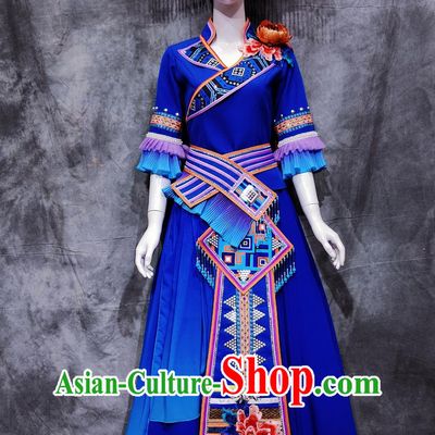 Traditional Guangxi Travel March 3rd Festival Attire Chinese Ethnic Dance Blue Dress Costume China Zhuang National Minority Woman Clothing