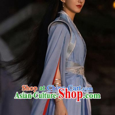 Chinese TV Series The Legend Of Shen Li Swordswoman Blue Clothing Ancient China Female General Garment Costume