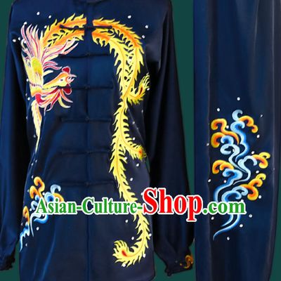 Top Pure Silk Wushu Uniform Dark Blue Embroidered Phoenix Tai Chi Suit Chinese Kung Fu Taiji Costume