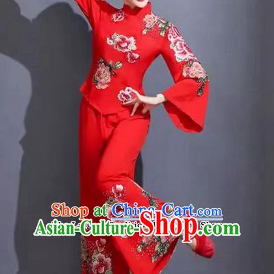 Chinese Yangko Dance Costume Women Group Fan Performance Red Outfit China Folk Dance Yangge Clothing