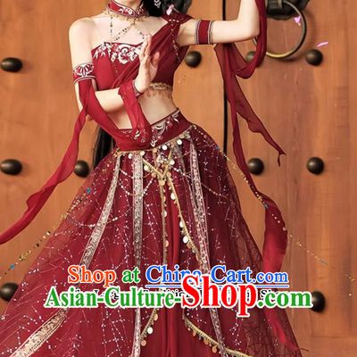 China Dunhuang Feitian Dance Costumes Chinese Flying Apsaras Hanfu Red Dress Complete Set