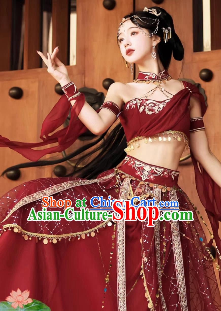 China Dunhuang Feitian Dance Costumes Chinese Flying Apsaras Hanfu Red Dress Complete Set China Dunhuang Feitian Dance Costumes Chinese Flying Apsaras Hanfu Red Dress Complete Set