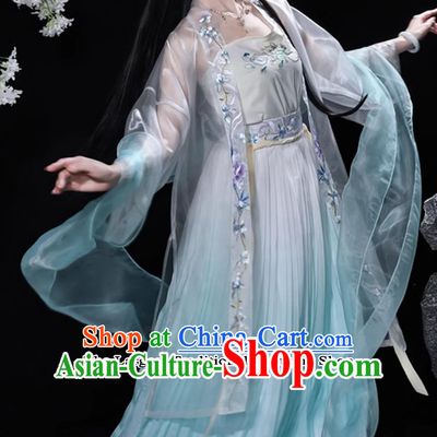 Chinese Song Dynasty Hanfu Ancient Young Lady Embroidered Blue Dress Traditional China Woman Clothing
