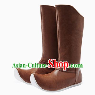 Traditional Hanfu Shoes Chinese Ming Dynasty Swordsman Boots Ancient China Warrior Brown Leather Boots