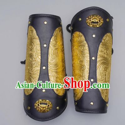 Chinese Ming Dynasty Golden Leather Armguard Ancient China Swordsman Wrist Bands Traditional Hanfu Accessories