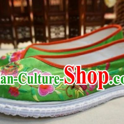 Handmade Green Satin Shoes Chinese National Embroidered Shoes