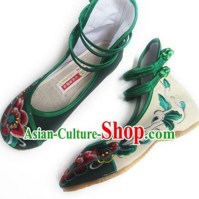 Chinese Folk Dance Shoes National Embroidered Shoes Handmade Green Shoes