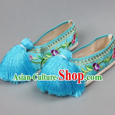 Handmade Peking Opera Shoes Chinese Beijing Opera Hua Tan Shoes Light Blue Embroidered Shoes