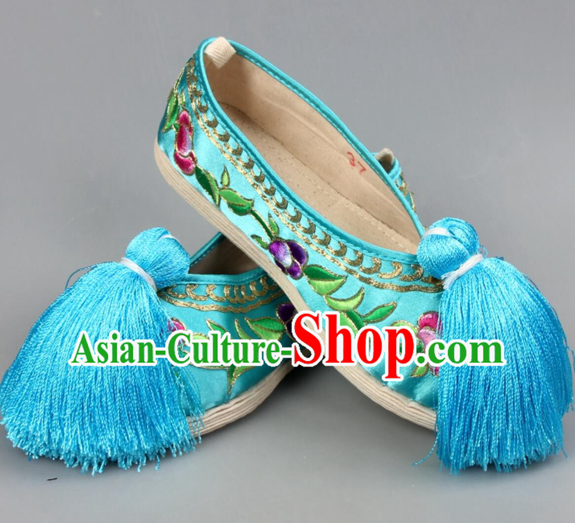 Handmade Peking Opera Shoes Chinese Beijing Opera Hua Tan Shoes Light Blue Embroidered Shoes
