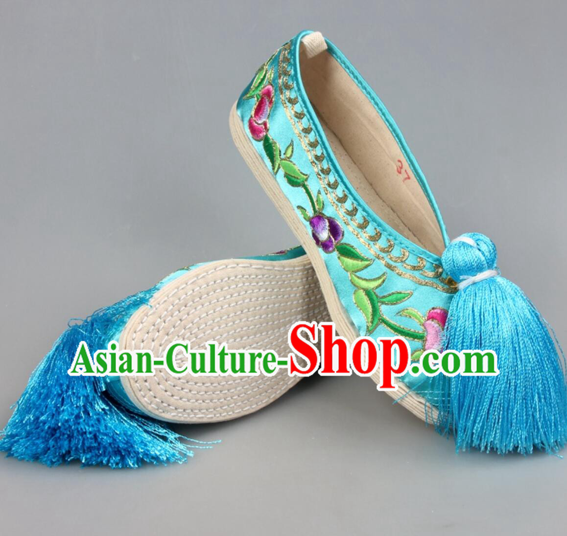 Handmade Peking Opera Shoes Chinese Beijing Opera Hua Tan Shoes Light Blue Embroidered Shoes