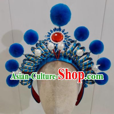 Traditional Opera Helmet China Beijing Opera Swordswoman Blue Hat Handmade Chinese Beijing Opera Female Warrior Headgear