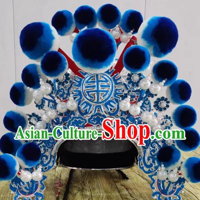Traditional Opera Warrior Helmet China Qinqiang Opera General Blue Hat Handmade Chinese Beijing Opera Wusheng Headgear