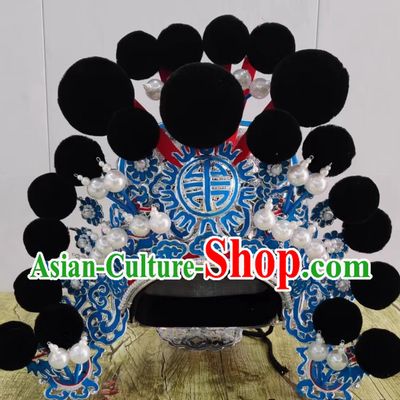 Handmade Chinese Beijing Opera Wusheng Headgear Traditional Opera Warrior Helmet China Qinqiang Opera General Black Pompon Hat