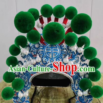 China Qinqiang Opera General Green Pompon Hat Handmade Chinese Beijing Opera Wusheng Headgear Traditional Opera Warrior Helmet