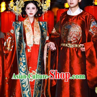 Chinese Ancient Bride and Groom Clothing Ming Dynasty Costumes China Traditional Wedding Hanfu Dresses 2 Sets