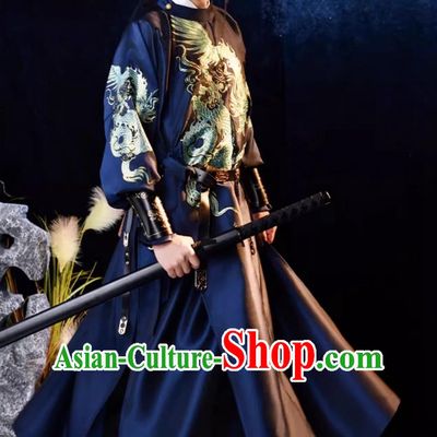 China Tang Dynasty Swordsman Costume Chinese Traditional Hanfu Navy Round Collar Robe Ancient Young Hero Clothing