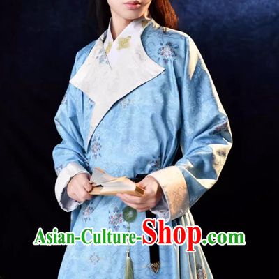 China Tang Dynasty Young Man Costume Traditional Chinese Hanfu Blue Round Collar Robe Ancient Swordsman Clothing